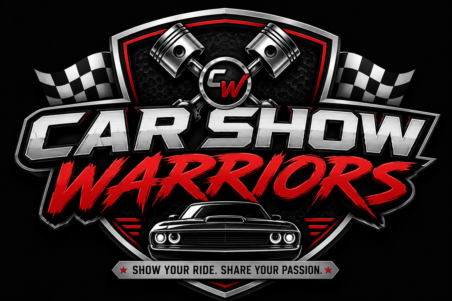 Car Show Warriors shield logo with checkered flags and muscle car